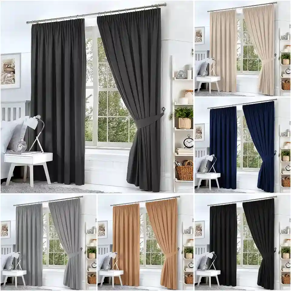 Thermal Blackout Curtains Pencil Pleat Tape Top Energy Saving Curtain & Tiebacks