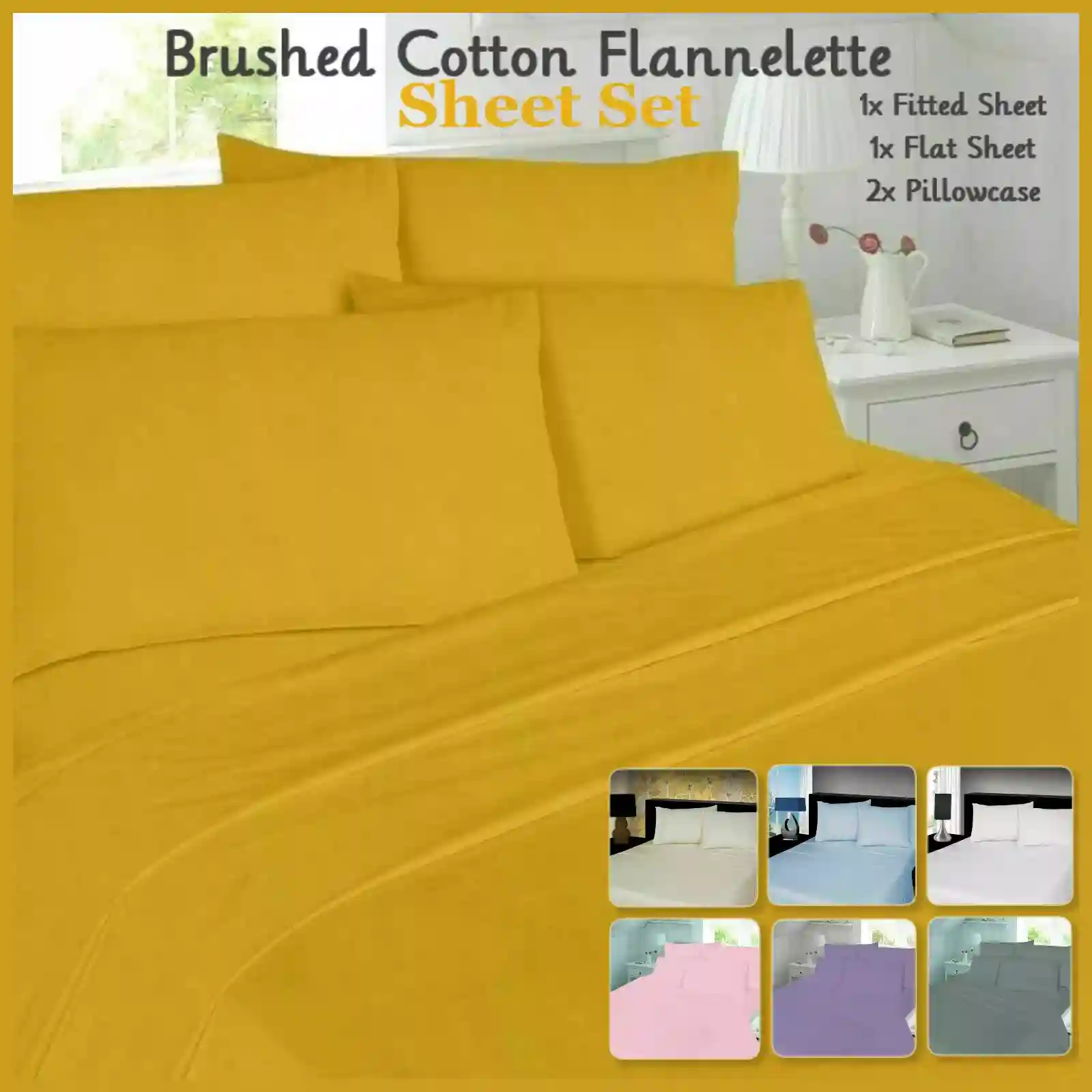 Flannelette Sheets Set 4PC Brushed Cotton Thermal Fitted Flat Sheets Pillowcases