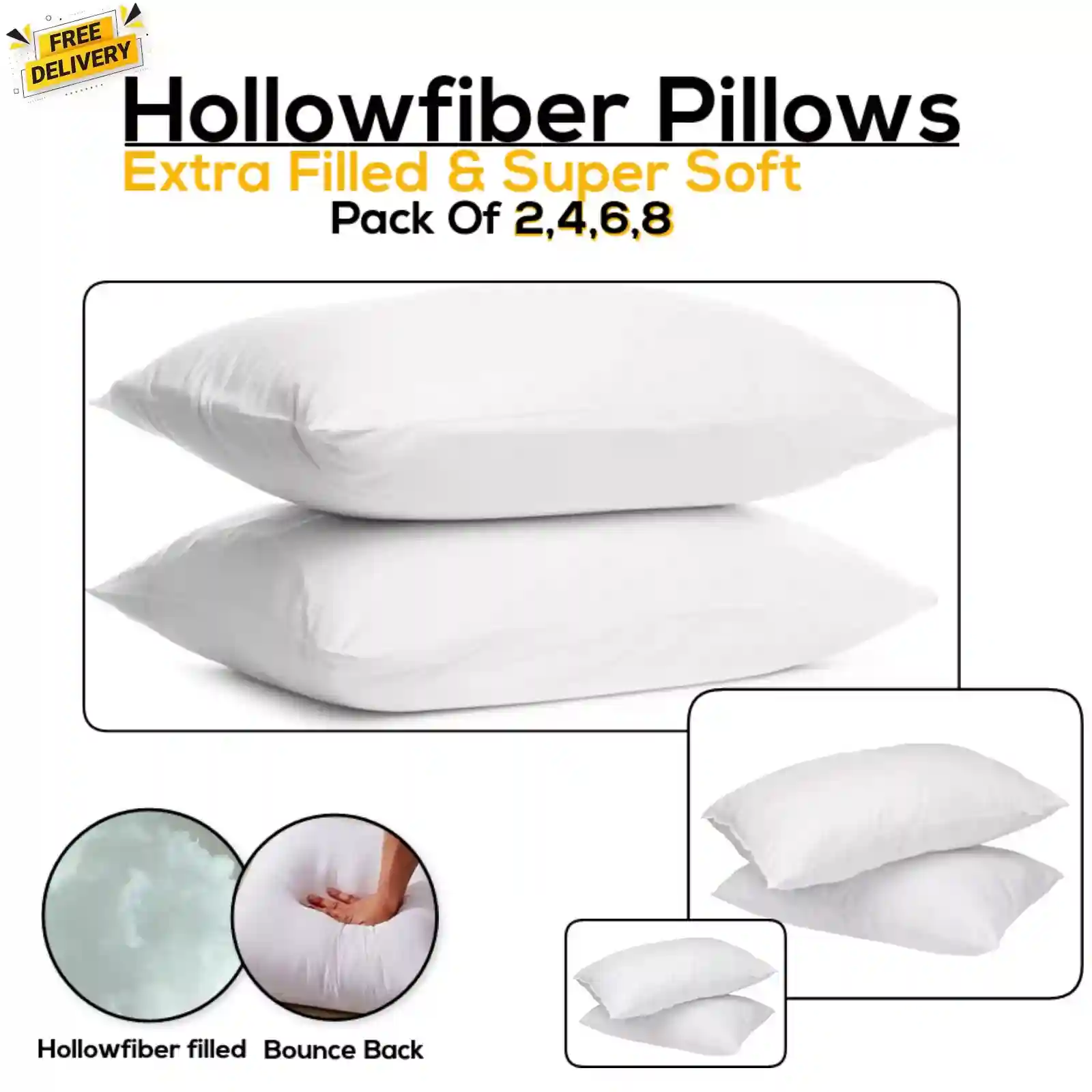 Pillows Hotel Quality Bounce Back Hollowfiber Filled Anti-Allergic Pack 2,4,6,8