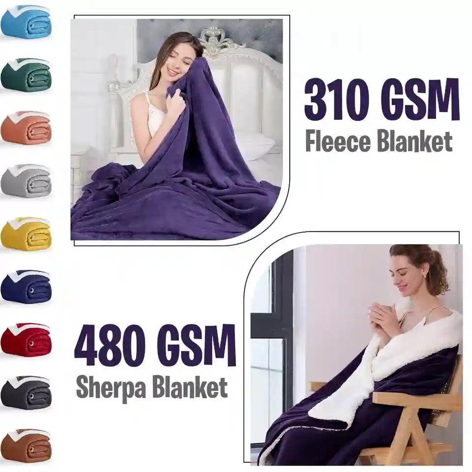 480 GSM Heavy Sherpa Fleece Blanket Warm Soft Bed Sofa Throw Weighted Blanket UK