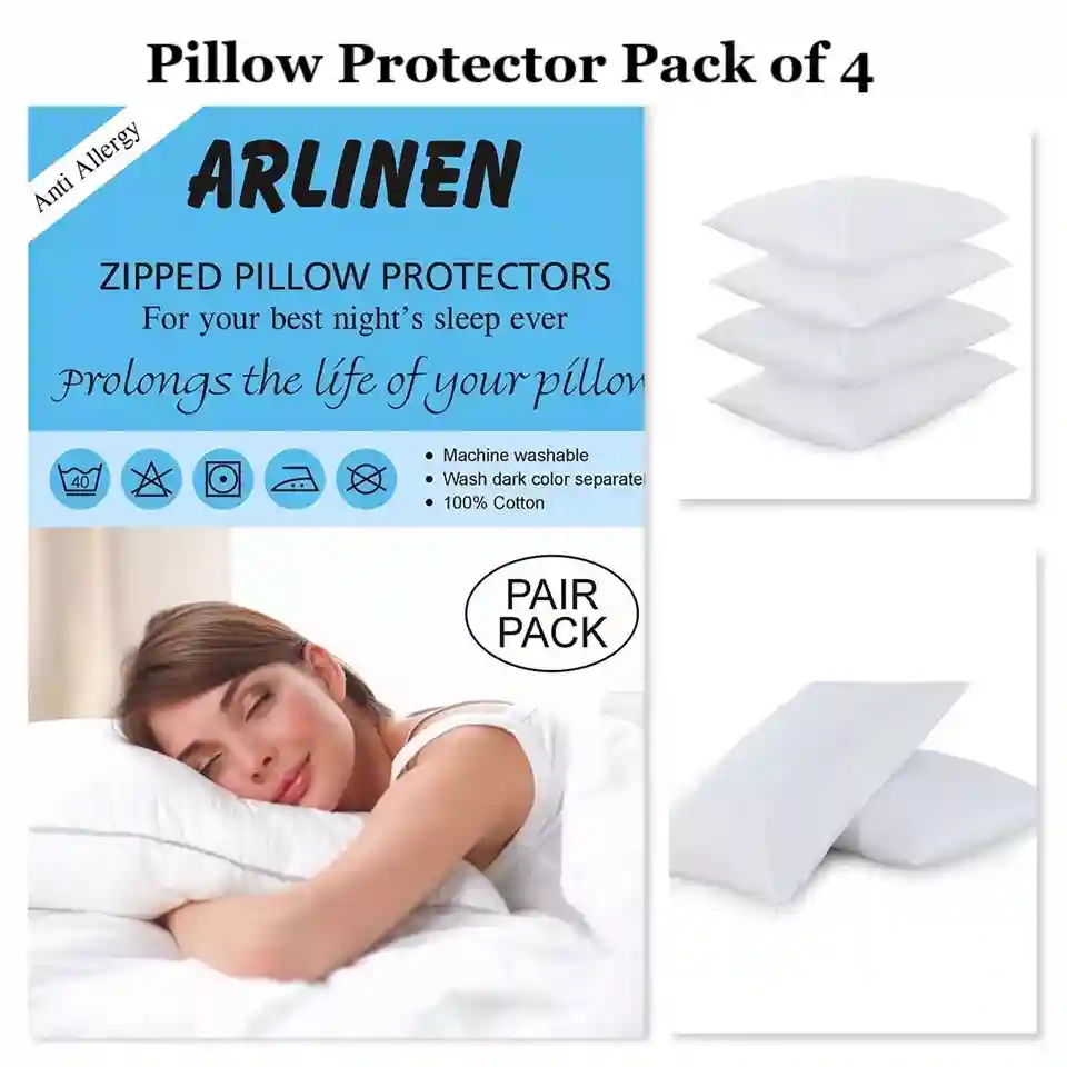 Pillow Protectors Pack of 4 Zipped Cotton Soft Antiallergy Pillow Covers 74x48cm