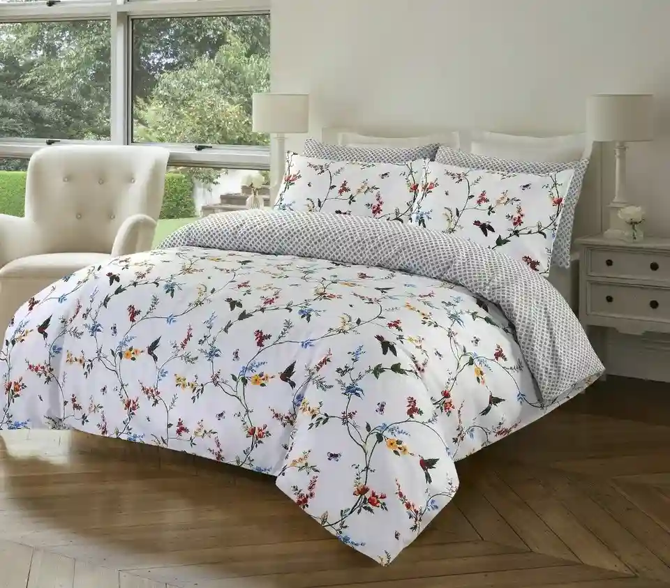 FLORAL PRINT DUVET COVER SOFT MICROFIBER WHITE BEDDING SET DOUBLE KING SIZE