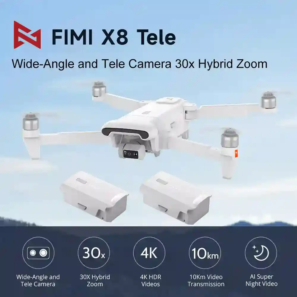 FIMI X8 Tele Drone Wide-Angle 30x Hybrid Zoom 4K 60fps 10Km Range HD Quadcopter