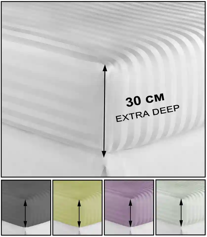 EXTRA DEEP Fitted Sheet 300TC Cotton Satin Stripe Bed Sheets Double S. King Size