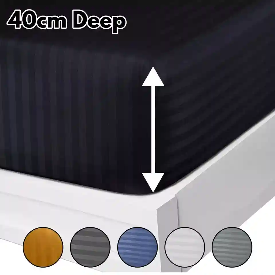 40cm Stripe Fitted Sheet Extra Deep Mattress Bed Sheets Single Double King Size