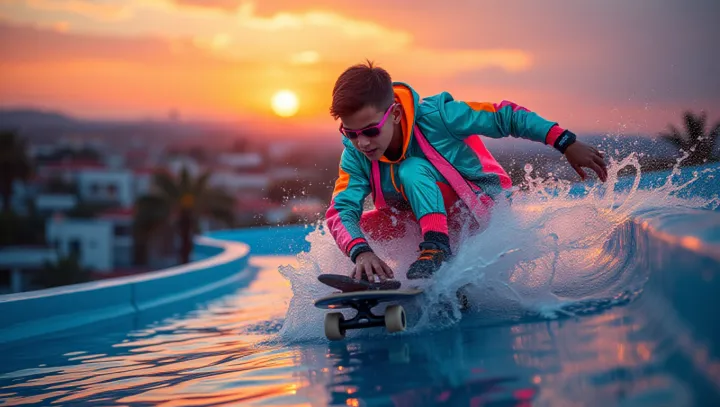 Daring Skateboarding Stunt on Water Slide