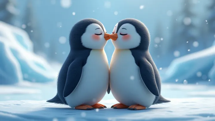 คู่ที่น่ารัก: นกเพนกวินแบ่งปันจูบ