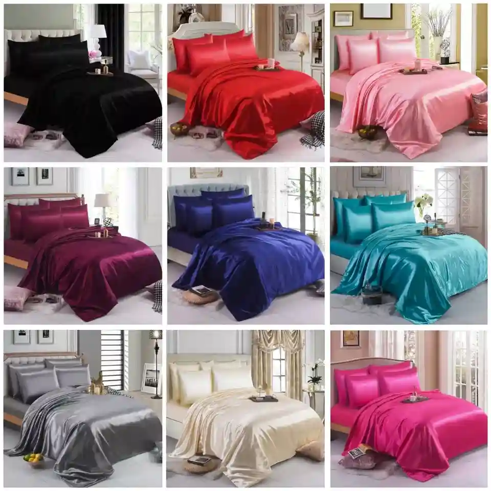 6PCS SATIN COMPLETE BEDDING SET DUVET COVER FITTED SHEET 4 PILLOW CASES