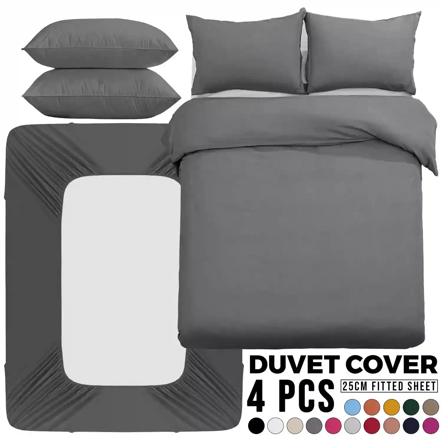 Reversible 4PCS Duvet Cover Plain Luxury Quilt Cover With 25cm Fitted Sheet Set