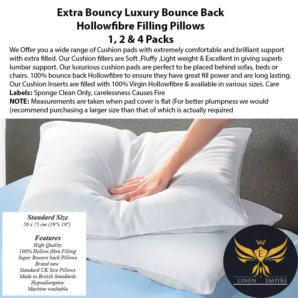 Extra Bouncy Luxury Bounce Back Hollowfibre Filling Pillows 1, 2 & 4 Packs