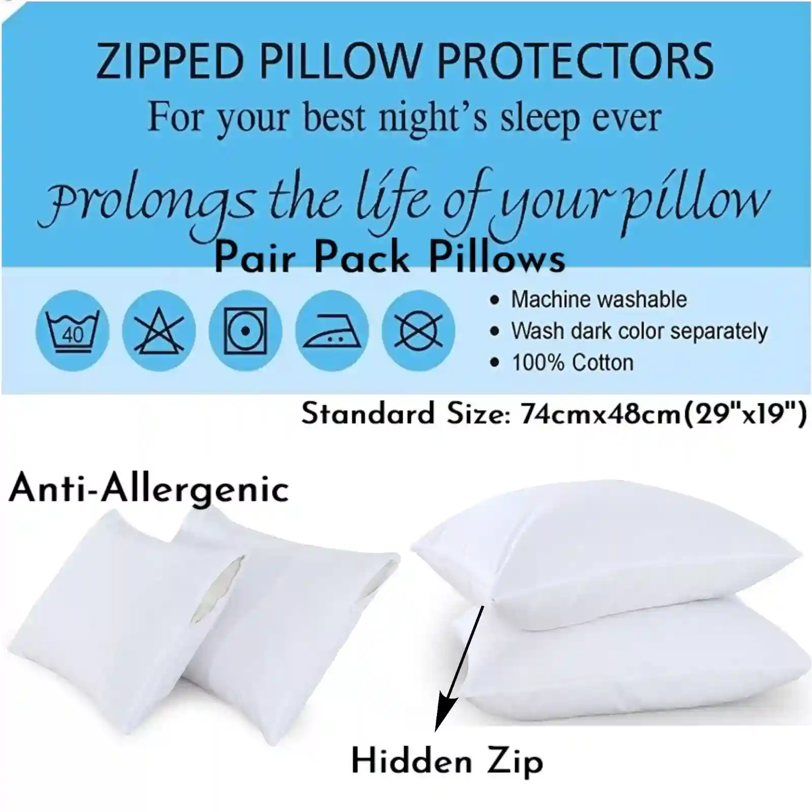 Anti Allergenic 100%Cotton Pair of Pillow Protector Zipped Entry Size in 74x48cm