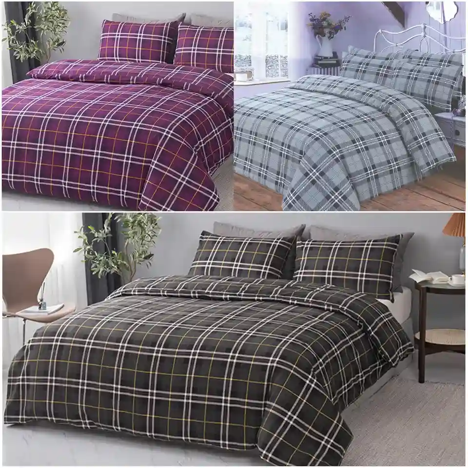 Flannelette 100% Brushed Cotton Tartan Check Duvet Quilt Cover Warm Bedding Set