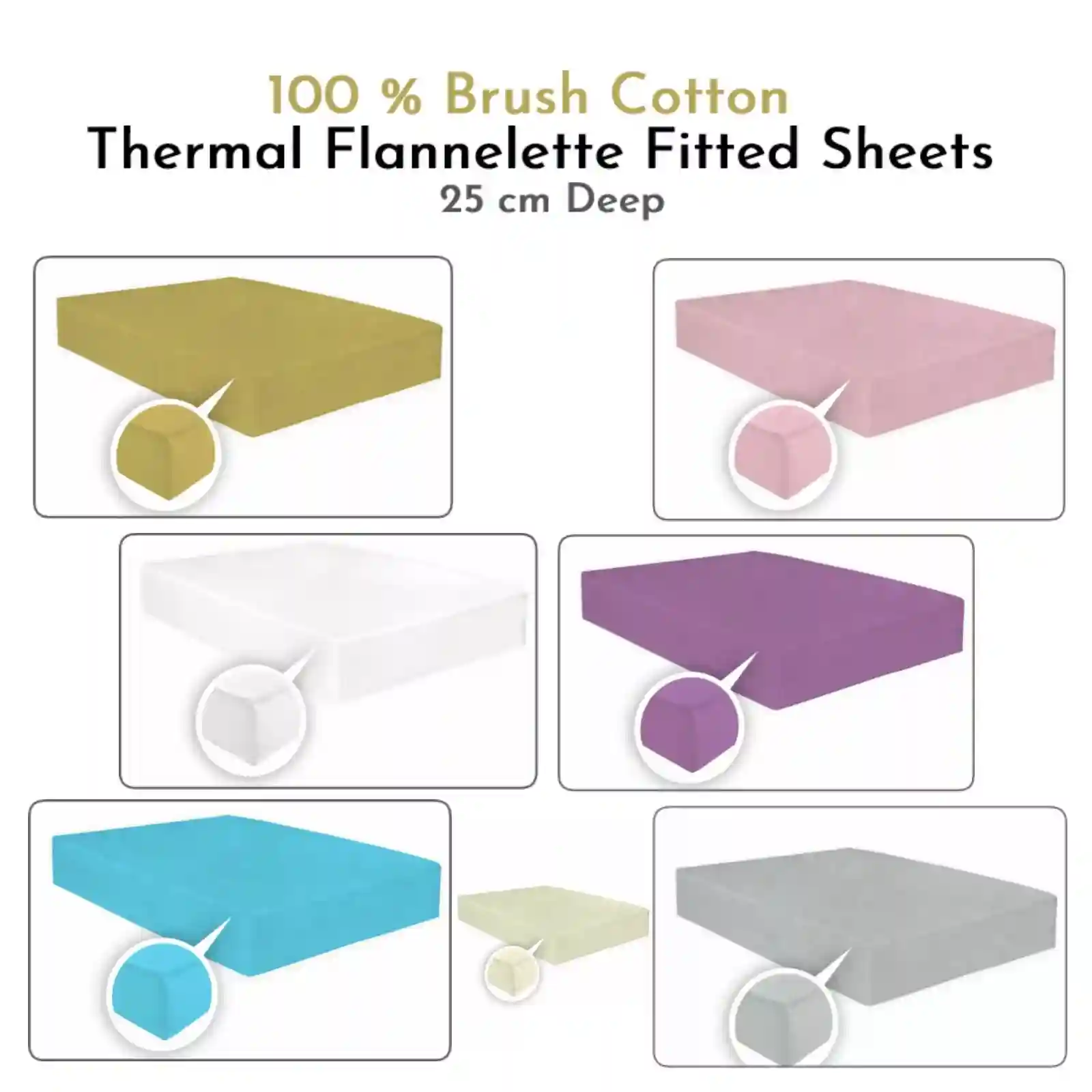 Flannelette Thermal Fitted Sheets 100% Brushed Cotton 25cm Deep Warm Bed Sheets