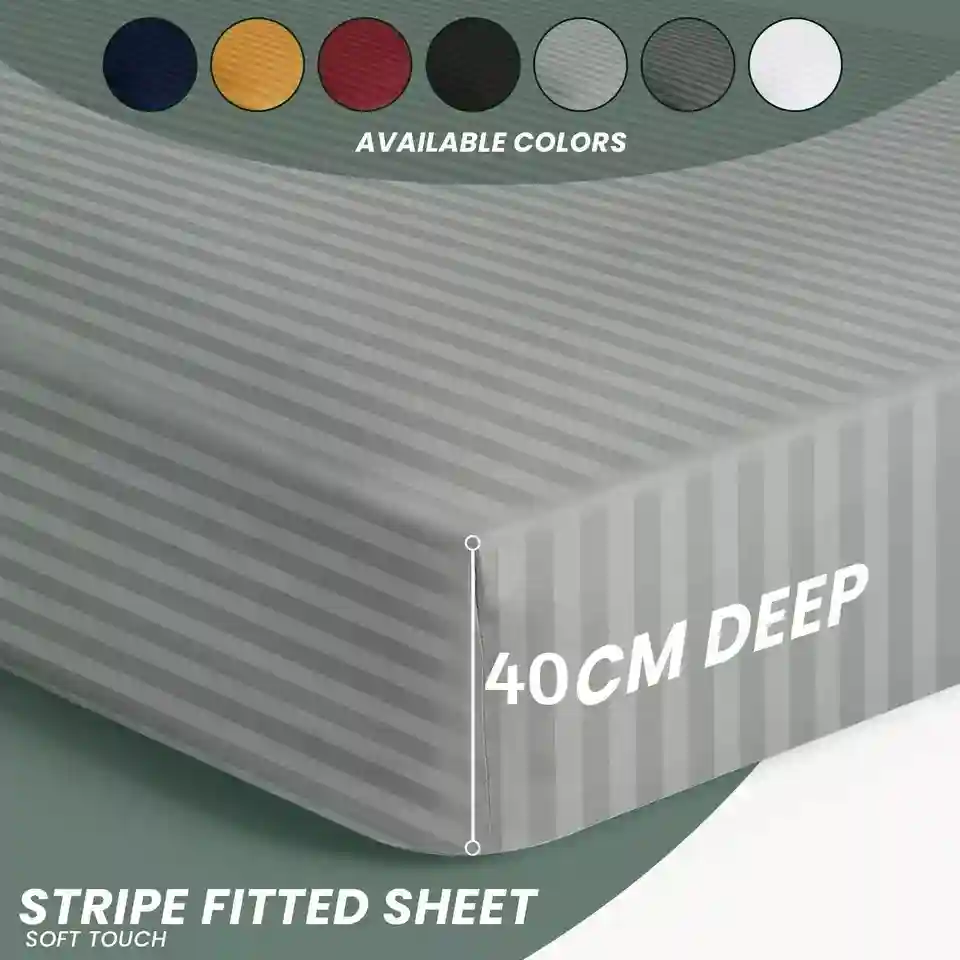 40cm Deep Egyptian Stripe Fitted Sheet Single Double King Super King Size Sheets