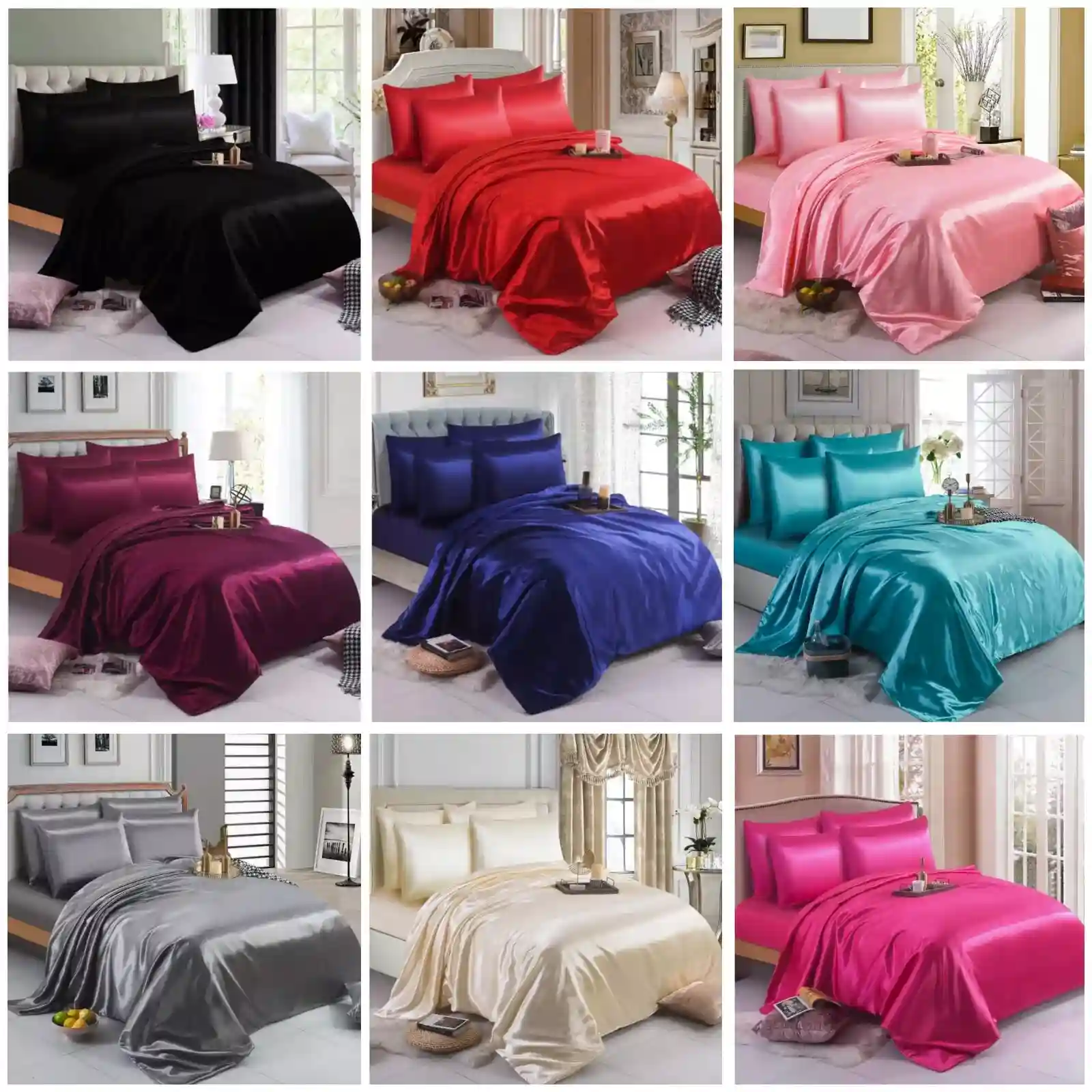 6PCS SATIN COMPLETE BEDDING SET DUVET COVER FITTED SHEET 4 PILLOW CASES