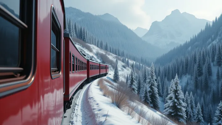 รถไฟสีแดงนําทางภูมิประเทศหิมะ