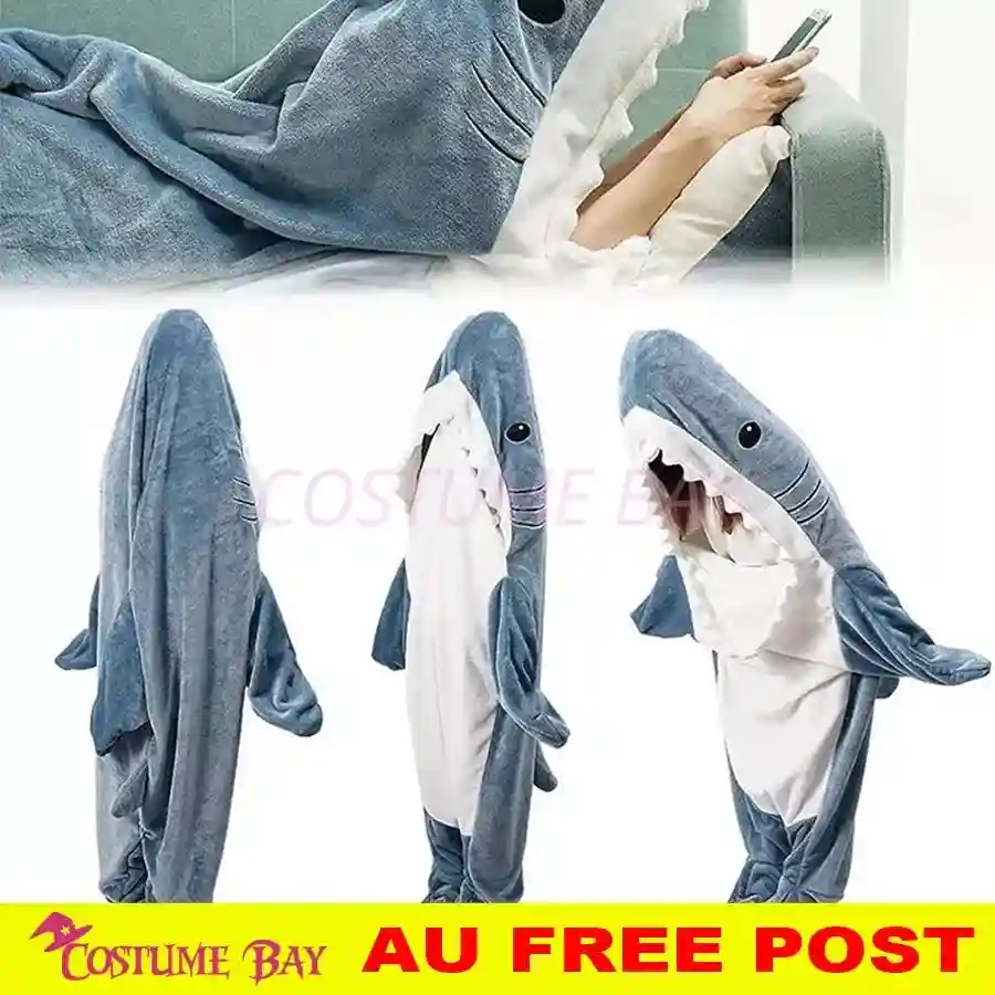 Adult Kids Blue Shark Sleeping Bag Blanket Hoodie Soft Flannel Jumpsuit Pajamas